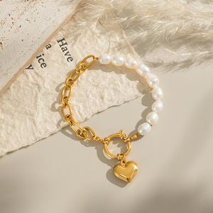 Unisex Fashion Freshwater Pearl Heart Shape Bangle 18K Gold Plated Splicing Chain <b>Love</b> OT Buckle Stainless Steel Jewelry Charm - Product Image 2