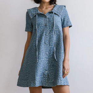 Abito Mini in Denim <span class=keywords><strong>Leopardato</strong></span> da Donna 2026, <span class=keywords><strong>Vestito</strong></span> Estivo a Maniche Corte in Jeans, Abito Babydoll con Colletto Blu Navy, <span class=keywords><strong>Vestito</strong></span> in Denim a Linea A - Product Image 1