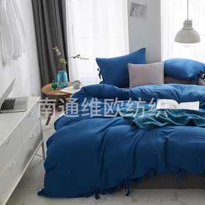 Soft Breathable Solid Color Polyester Wrinkle Resistant Washed Fabric Bed Skirt Bedding 3 Piece <b>Set</b> With Bow Tie Craft - Product Image 2
