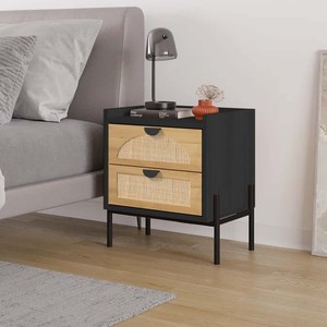 Bàn cạnh giường ngủ bằng mây hiện đại với 2 ngăn kéo, giá đỡ ban đêm màu đen và tự nhiên với chân kim loại cho phòng ngủ - Product Image 4