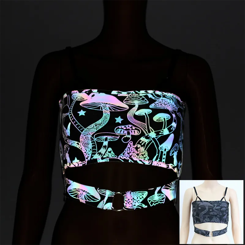 Cheap women female gym workout mushroom print knit reflective iridescent strappy slim streetwear cropped harness tank buckle top