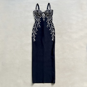 OUDINA nuovi arrivi abito nero senza maniche con strass con strass e fasciatura aderente per feste da donna abiti lunghi da sera eleganti - Product Image 6