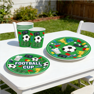 ชุดอุปกรณ์ตกแต่งปาร์ตี้ฟุตบอลธีมฟุตบอลโลก ประกอบด้วยถาดกระดาษแบบใช้แล้วทิ้ง ถ้วย ธง ผ้าปูโต๊ะ สำหรับดูการแข่งขัน - Product Image 3