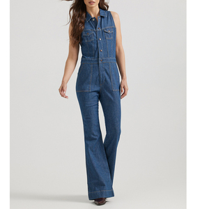 ShanLai Logo personnalisé Classy Racerback Catsuit jambes larges et poches/Salopettes et combinaisons en jean pour femmes en gros - Product Image 2