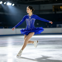 Robe de patinage artistique bleu roi à manches longues, col en V, dos ouvert, avec strass et jupe de performance