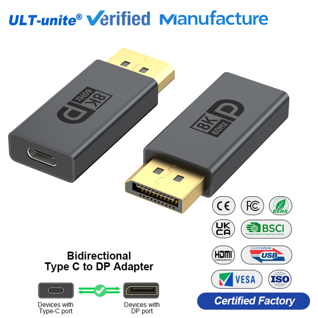 ULT-unite 8K 60Hz USB C to DisplayPort 2.0 Adapter Bidirectional Type C to DP Adapter Compatible with Phone Laptop to Monitor