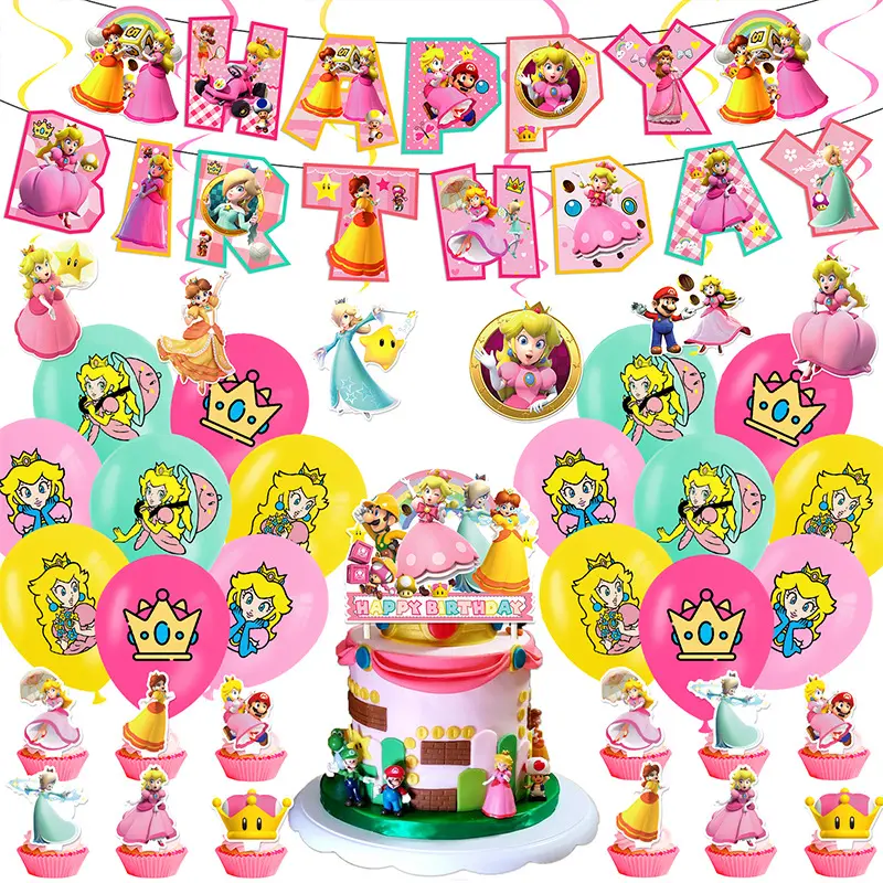 Cartoon Cute Mario Princess Peach Theme Birthday Party Decoration With Cake Topper Banner Balloon Party Decoration Supplies Set