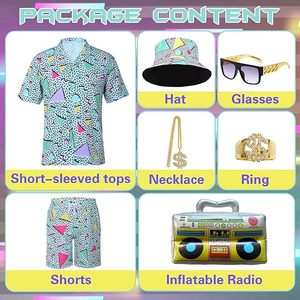 Déguisement années 80 pour homme, tenue rétro années 80-90 avec chapeau, lunettes, collier, bague, <span class=keywords><strong>radio</strong></span> gonflable, costume <span class=keywords><strong>hip</strong></span>-<span class=keywords><strong>hop</strong></span> pour soirée disco à thème - Product Image 5