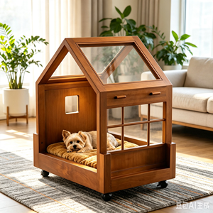Indoor Wooden Pet House for <b>Dogs</b> Cats Wheeled Enclosed Pet Crate with Transparent Roof & Soft Mat Modern Home Decor Pet Kennel - Product Image 1