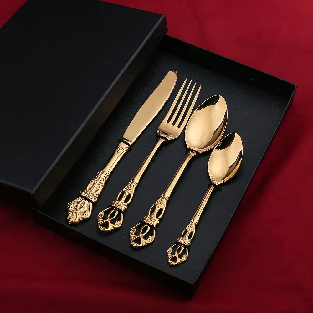 Kotak hadiah garpu pisau Steak baja tahan karat set sendok garpu pisau Steak istana Relief Imperial Court untuk hadiah