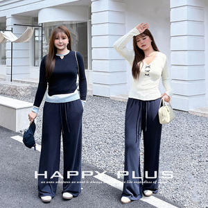 Happy Plus – pantalon à jambes larges pour femmes, bleu marine, taille élastique, épaisseur moyenne, grande taille, pantalon décontracté d'automne, N9281 - Product Image 3