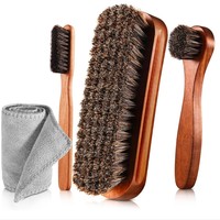 Kit de brosses d'entretien pour chaussures en cuir et crin de cheval, 4 pièces, manche en hêtre, outils de polissage/entretien, chiffon en microfibre, directement de l'usine