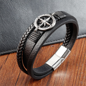 Black leather cord cowhide <b>men's</b> double-layer stainless steel woven bracelet handmade multi-layer leather <b>bangle</b> - Product Image 2