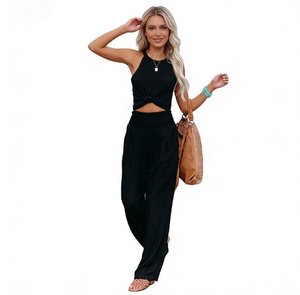 Plus Size 3XL Summer New Women Cotton Linen Wide Leg Pants Casual Loose Fit Solid Color High <strong>Waist</strong> with Drawstring Beach <strong>Trouser</strong> - Product Image 1