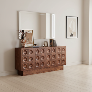 Buffet en bois de pin massif <span class=keywords><strong>Carmen</strong></span>, contreplaqué multicouche en chêne, pour le salon, avec 5+ tiroirs, design moderne du milieu du siècle - Product Image 1