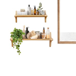 Wooden <b>Wall</b> Mounted <b>Floating</b> <b>Shelf</b> Natural Wood Color Rectangular Bathroom Storage Rack Display Stand - Product Image 5