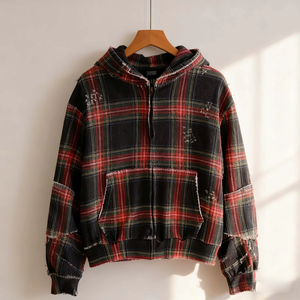 Sweat à capuche oversize pour homme <span class=keywords><strong>en</strong></span> molleton lourd - 100% coton vintage lavé délavé à la lumière du soleil avec patchwork à carreaux et fermeture éclair, streetwear - Product Image 2