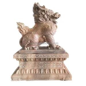 China Garden Outdoor Fengshui Ornament Red Marble Stone Carving Large Qilin Dragon And Qi lin Statue Of Qilin
