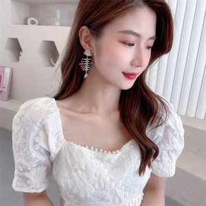 Sunnice INS Luxury BOHO Fish Bones eleganti orecchini in materiale rame con zircone intarsiato alla moda gioielli colorati OEM Factory - Product Image 3