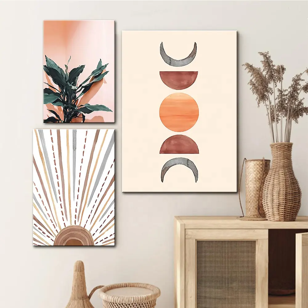 Sunrise Abstract Landscape Artwork Boho Themed Mid Century Canvas Wall Art Paintings for Living Room Bedroom