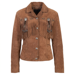 Leather Cowgirl Western Style Festival <b>Jacket</b> With <b>Suede</b> Fringe, Snap Front, and White Tassel Coat for Women - Product Image 1