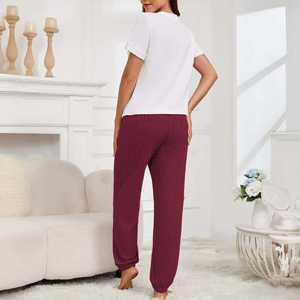 <span class=keywords><strong>Pijama</strong></span> de dos piezas para <span class=keywords><strong>mujer</strong></span>, de <span class=keywords><strong>manga</strong></span> <span class=keywords><strong>corta</strong></span>, cintura elástica, pantalón <span class=keywords><strong>largo</strong></span>, estilo dulce y amoroso, ropa de casa suave y cómoda para otoño. - Product Image 3