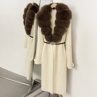 Pull long en tricot pour femme, automne et hiver, avec ceinture à nouer, col en vraie fourrure de renard, veste longue en tricot pour femme