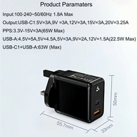 Mini Cargador GaN de 65W con Enchufe Estándar del Reino Unido, Múltiples Puertos, Alta Potencia, Carga Rápida, Adaptador para Teléfonos Inteligentes y Portátiles, Venta al Por Mayor