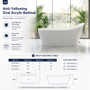 Baignoire autoportante ovale en acrylique anti-jaunissement |   Baignoire murale robuste et peu encombrante pour petites surfaces de salle de bain - Product Image 1