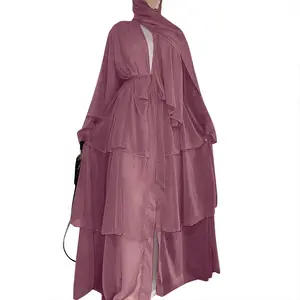 Dubai Ả Rập Nối Ba Lớp Voan Maxi Dresses Màu Sắc Đồng Bằng Phía Trước Mở Cardigan Áo Hồi Giáo Dài Tay Áo Abaya