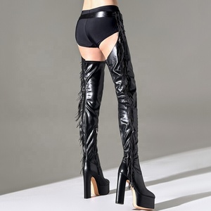 Botas de tacón grueso para mujer con flecos, plataforma alta hasta el muslo, con cinturón, botas por encima de la rodilla, talla grande 47 - Product Image 5