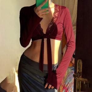 Top Corto con Escote Profundo en V y Cordones Delanteros, Blusa de Manga Larga, Sexy, Ajustada, Estilo Atrevido - Product Image 5