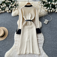 Robe élégante pour femmes, tricotée, à manches longues, style A, décontractée, avec ceinture, boutons décoratifs, poches, pour un usage quotidien, robes pour femmes