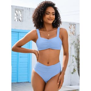 FOXA Women's Bikini Set Ribbed <b>Tummy</b> <b>Control</b> Mid Waist Bandeau Swimwear 2 Piece Beachwear - Product Image 2