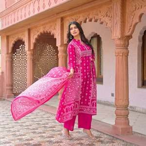 Traditional <b>Indian</b> Women's Pink Cotton Digital Print Quick Dry Knee-Length <b>Kurta</b> Set Regular Fit Party Wear for All Seasons - Product Image 1