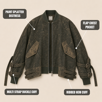 Veste Homme Personnalisée Olive Effet Vieilli Multi-Boucles Manches à Rabat Poches Utilitaires Grande Taille Délavée pour Streetwear Grunge