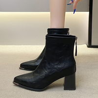 Bottines à bout pointu pour femmes, talon bloc, cuir extensible, embout métallique, fermeture éclair au dos, bottes chaussettes tendance, 3 couleurs