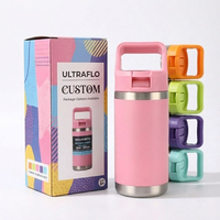 Botella de Agua Premium de Acero Inoxidable con Aislamiento al Vacío de 12 oz, con Logotipo Personalizado, Tapa de Boca Ancha con Pajita y Asa para Viajes y Gimnasio