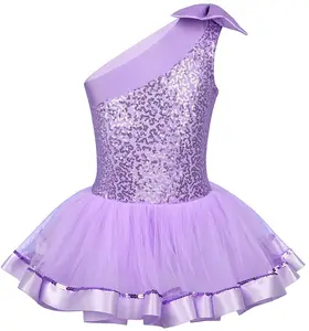 Robe de Ballet à paillettes pour filles, asymétrique à épaule dénudée, sans manches, jupe Tutu de princesse ballerine, Costume de danse, livraison gratuite