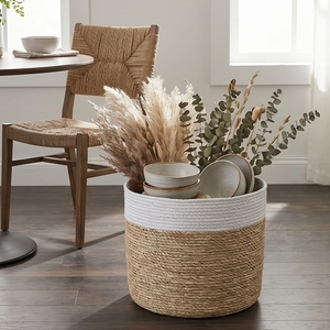 Two-Tone Woven Seagrass Storage <b>Basket</b>, <b>Round</b> Natural and White <b>Wicker</b> Indoor Planter Pot Cover for Home Decor - Product Image 6