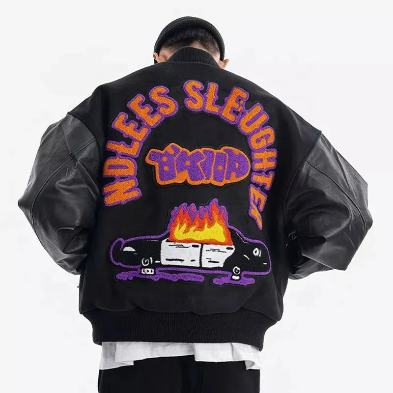 Custom hiphop letterman jacket leather sleeves streetwear mens embroidery hip-hop jacket with leather sleeves