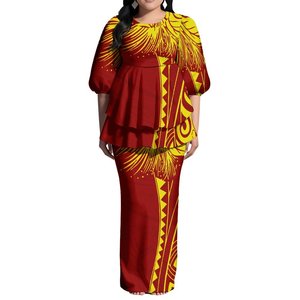 Abito Puletasi Bianco Personalizzato per Donna, Stampa Samoana Polinesiana, Maniche a Sbuffo, Vestito Lungo Maxi con Spacco Posteriore, Set 2 Pezzi - Product Image 2