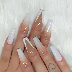 Naixi unhas de acrílico falsas, amêndoa longa com grande brilho de diamante personalizado, prensa de salão de beleza em unhas, cobertura completa de unhas artificiais