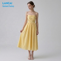 Robe Midi Été Femme Jaune à Rayures Fines, Coupe Trapèze, Sans Bretelles, Style Bandeau, Marque Privée Personnalisée, OEM ODM, Vente en Gros Usine