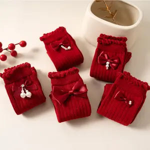 Custom Red Bow Hot Sale Soft Baby Socks Knee High Unisex Combed Cotton Over-The-Calf Socks Wholesale