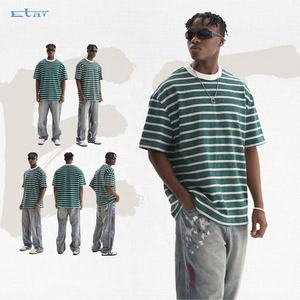 Camiseta vintage a rayas con logotipo personalizado de lujo 280gsm de algodón pesado de gran tamaño con diseño estampado para hombre - Product Image 3