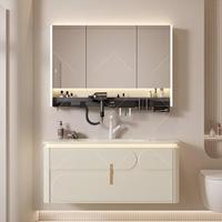 Meuble de salle de bain style français avec vasque incurvée en dalle de roche, miroir intelligent LED et meuble de rangement