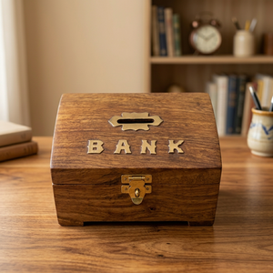 Classic Wooden Desk <b>Money</b> Bank Savings <b>Box</b> with Key Lock Brass Coin Slot Gift for Kids and Adults - Product Image 2