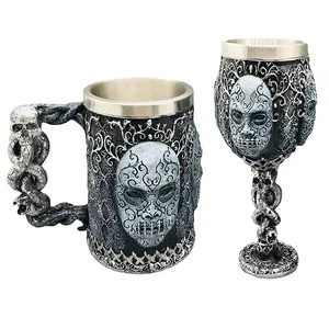 Taza de café de pirata vikingos de mediana edad, taza de esqueleto 3d creativa de Halloween, de acero inoxidable único, para cerveza y café, de resina, venta al por mayor