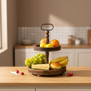 Soporte de Madera Rústico de 2 Niveles con Asa, Perfecto para Frutas, Aperitivos, Postres, Bandeja Resistente para Exhibición en Fiestas y Decoración del Hogar - Product Image 1